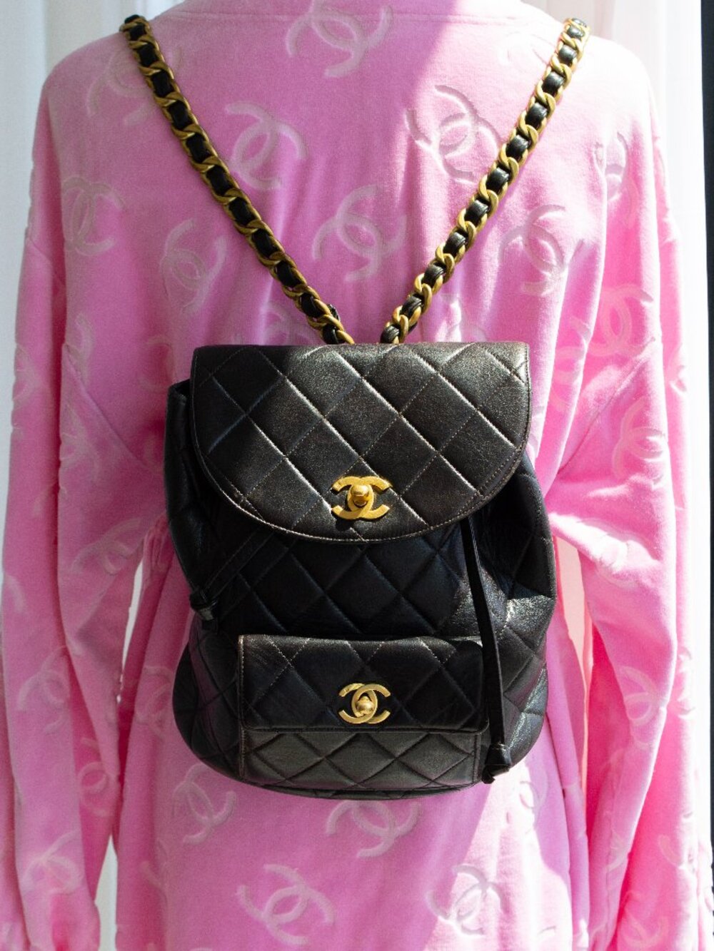 Chanel Vintage Duma Black Lambskin Leather Quilted 24K Gold Backpack